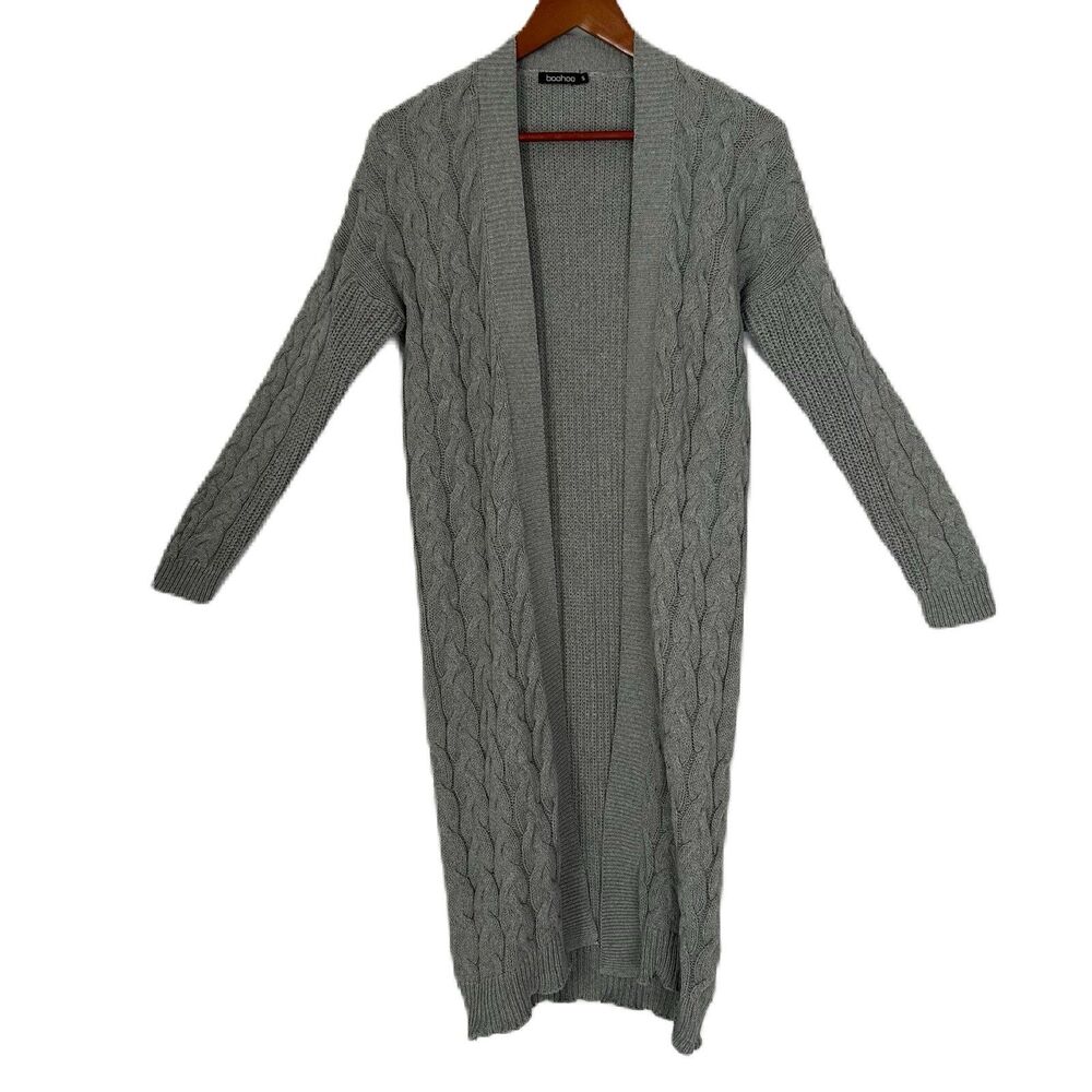 Boohoo Cardigan Women S Gray Long Cable Knit Open Cottage Preppy Stretch Casual